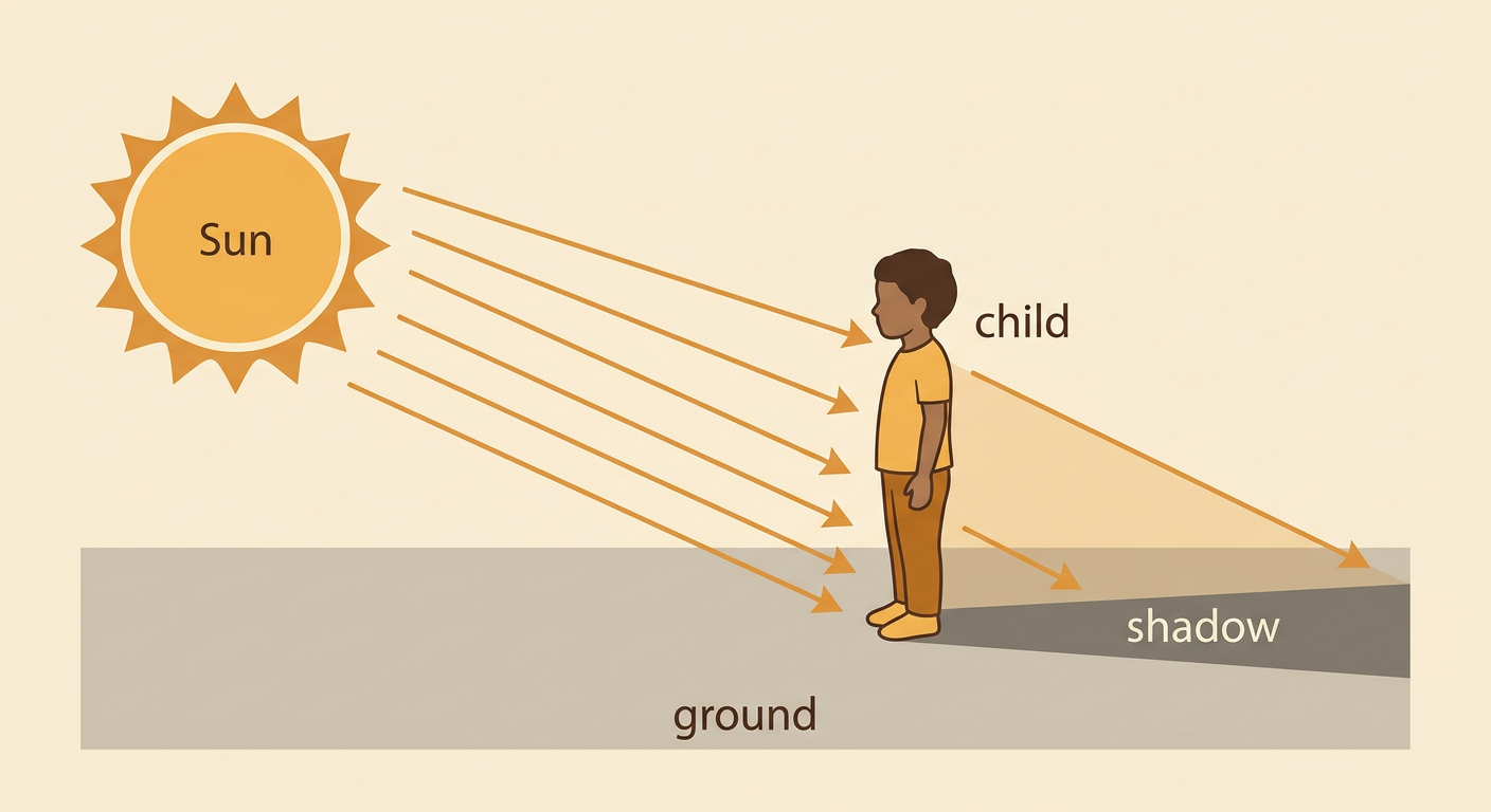 A child stands in morning sunlight with a long shadow stretching across the ground behind the child.