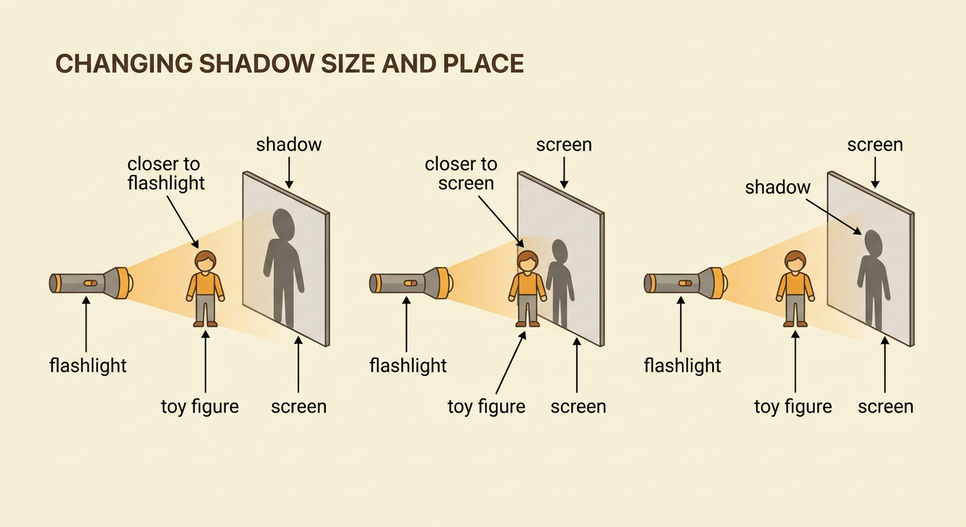 A flashlight and screen show a large shadow when a toy is near the light and a small shadow when it is near the screen.