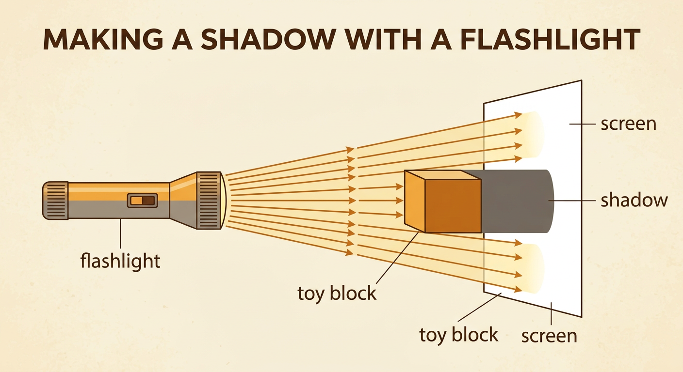 A flashlight shines toward a white screen while a solid toy block creates a dark shadow in the beam.