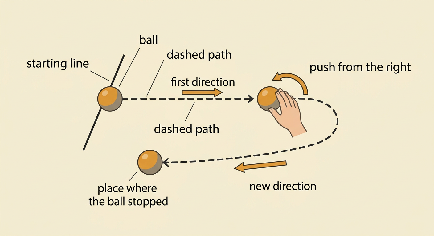 A child’s simple test drawing uses two arrows and a dashed line to show a ball turning left after a tap from the right.