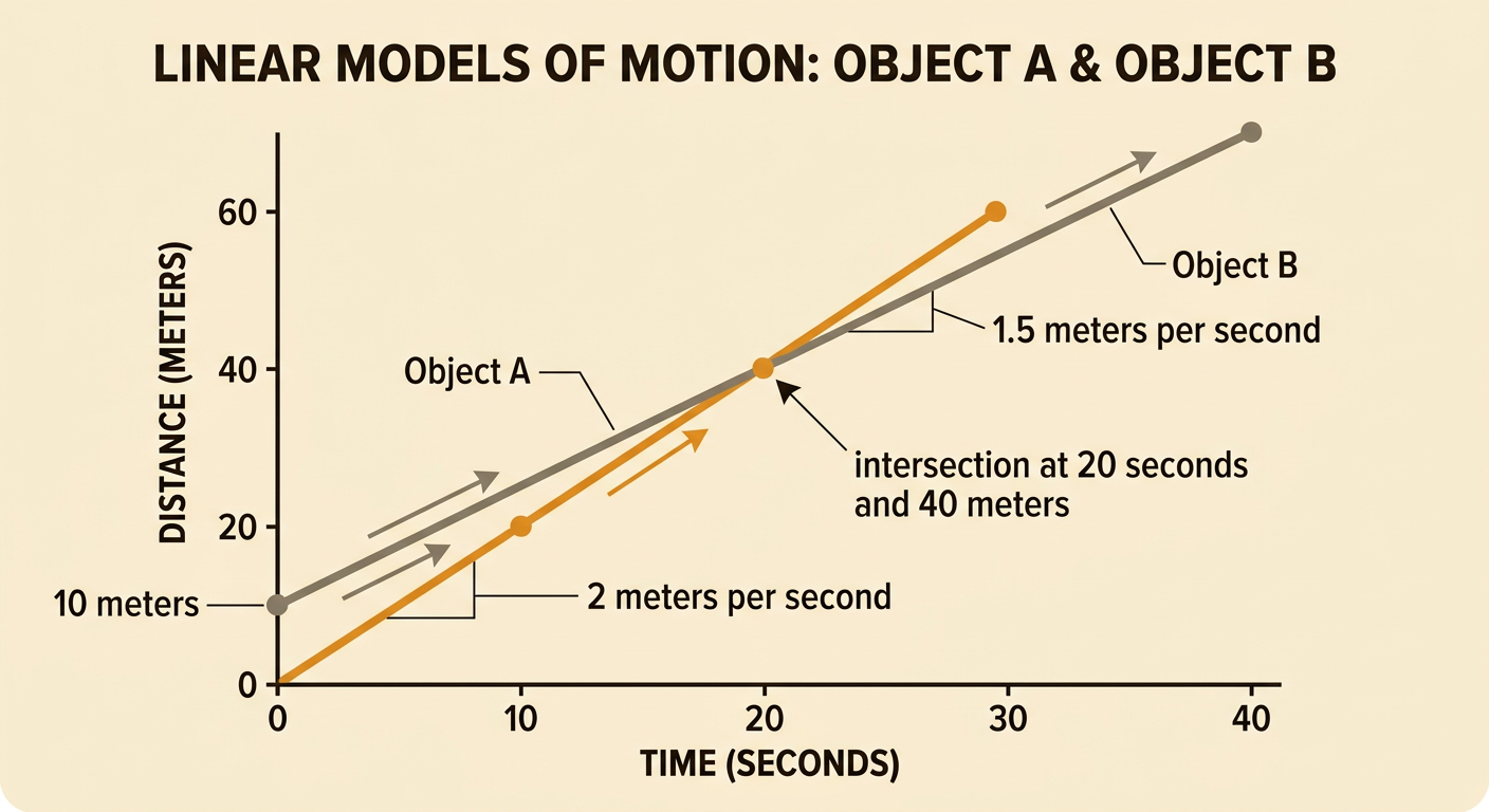 A distance-versus-time graph compares Object A and Object B as their lines meet at 20 seconds and 40 meters.