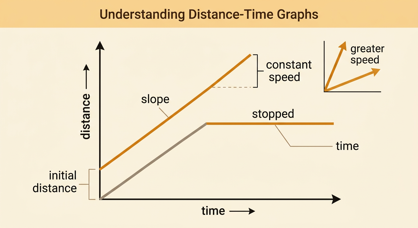 A labeled distance-time graph shows an upward constant-speed line, a horizontal stopped segment, and points at zero meters and 20 meters.