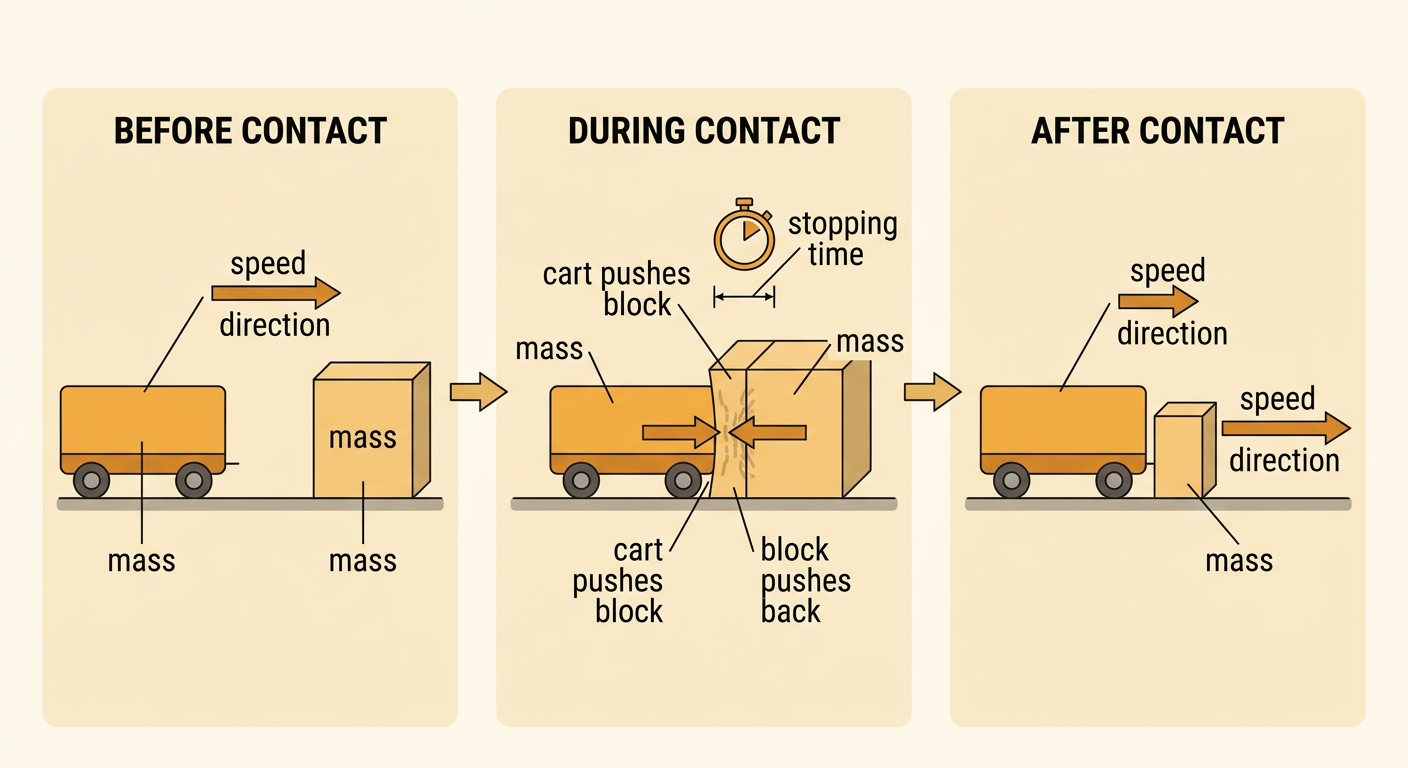 A labeled three-stage diagram shows a rolling cart striking a stationary foam block before, during, and after contact.