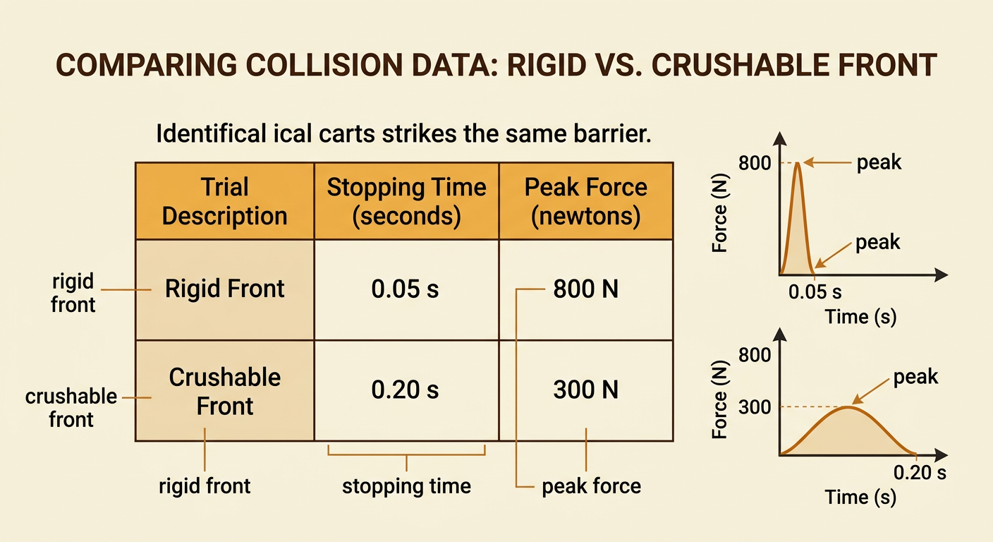 A side-by-side impact-test chart compares the stopping times and peak forces of rigid and crushable cart fronts.