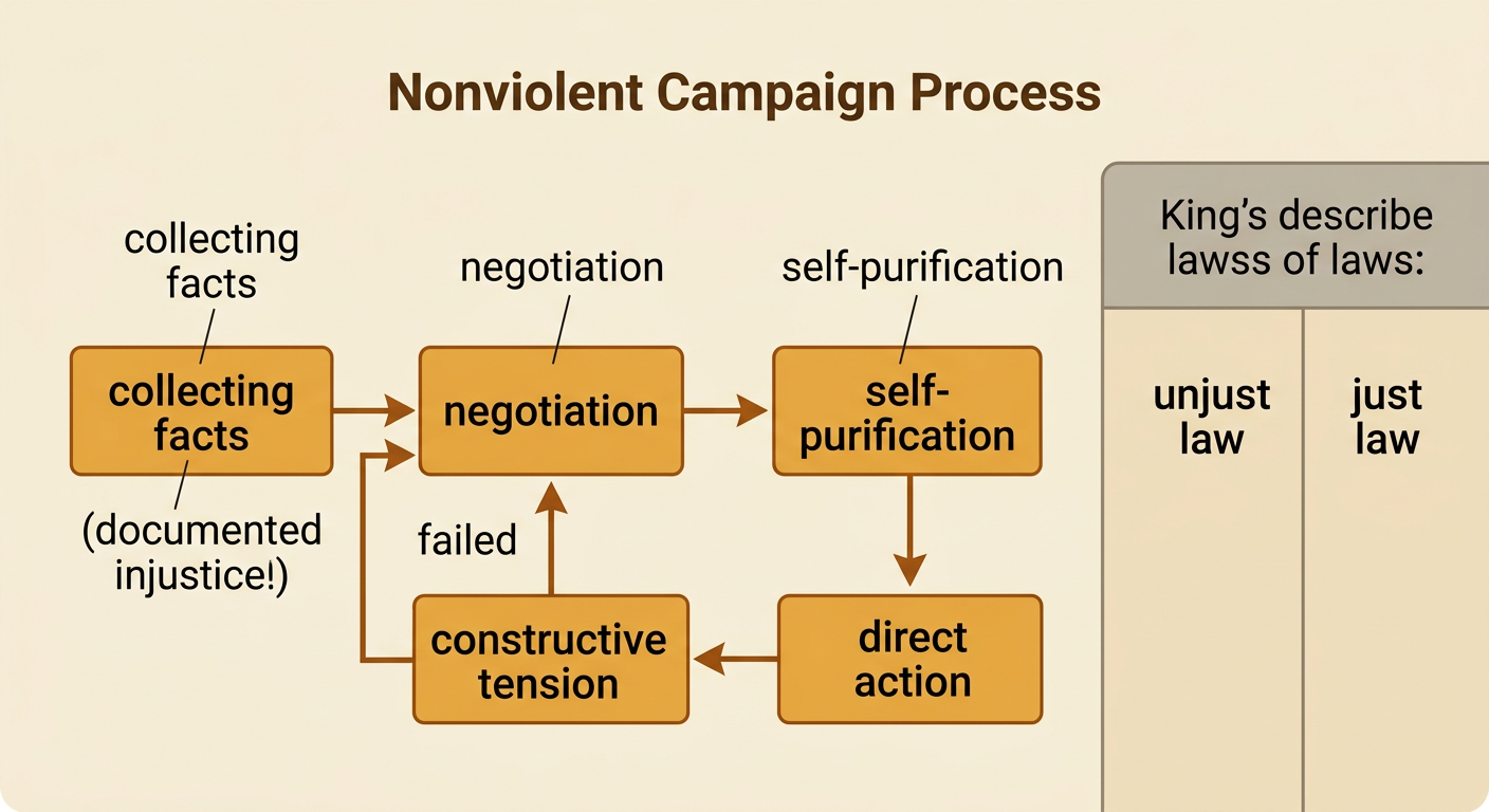 A flowchart traces the four steps of a nonviolent campaign and shows failed negotiation leading to constructive tension and change.