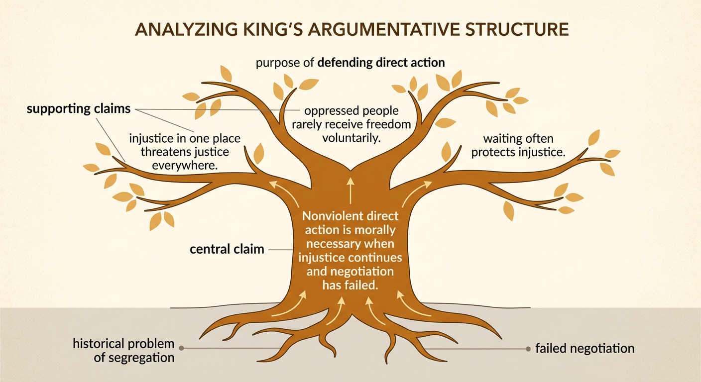A tree-shaped argument map shows King's central claim as the trunk with three supporting claims as branches.
