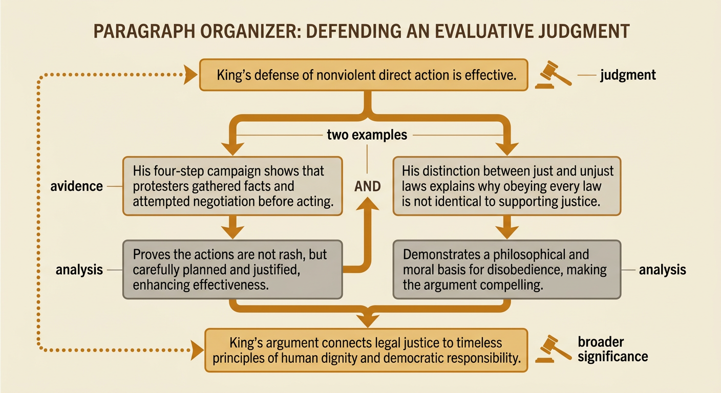A paragraph organizer connects a judgment to two examples, analysis, and a final statement of broader significance.