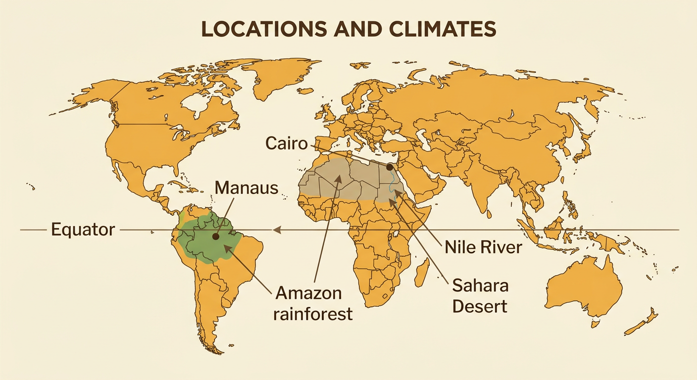 A world map marks Manaus near the Equator and Amazon rainforest and Cairo near the Nile River and Sahara Desert.