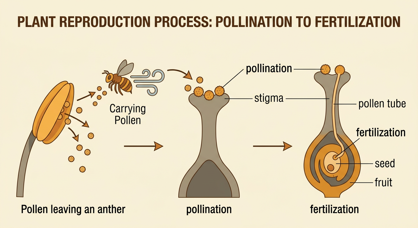 A flower diagram traces pollen from the stigma through a pollen tube to an ovule and then shows a seed and fruit.