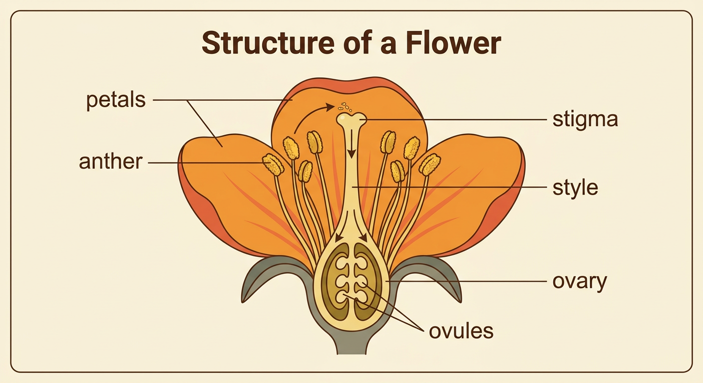 A labeled cutaway of an apple blossom shows a bee brushing the flower's reproductive structures.