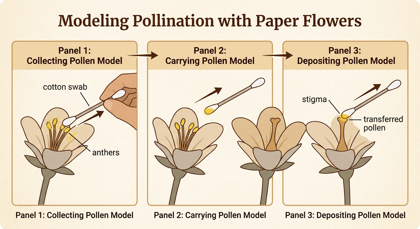 Two paper flowers show a cotton swab carrying yellow chalk dust from anthers to a stigma.