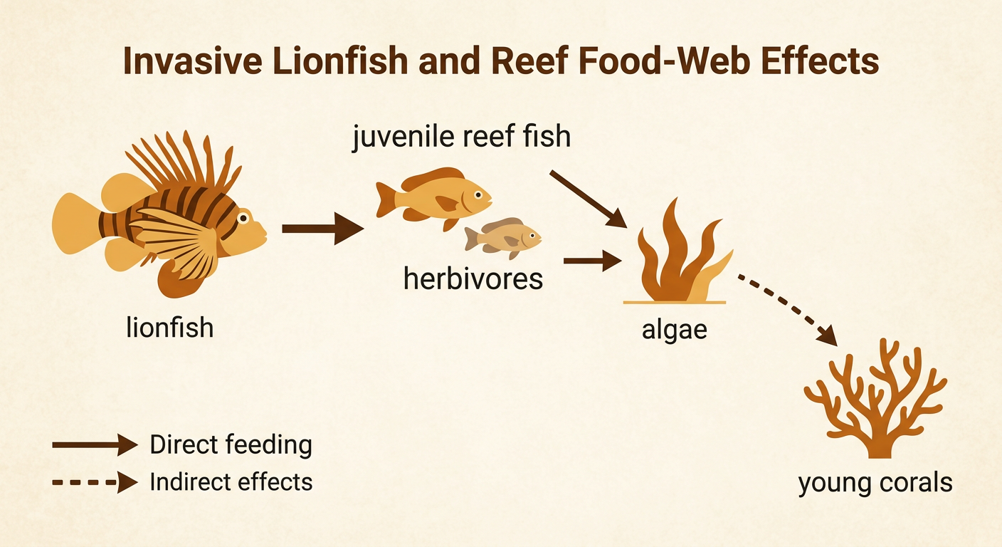 A reef food-web diagram traces effects from lionfish predation to fewer herbivores, more algae, and pressure on young corals.