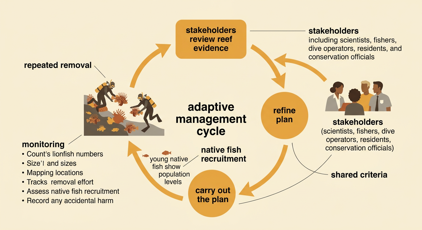 A protected-reef plan shows trained teams removing lionfish, recording ecological data, and sharing results with community stakeholders.