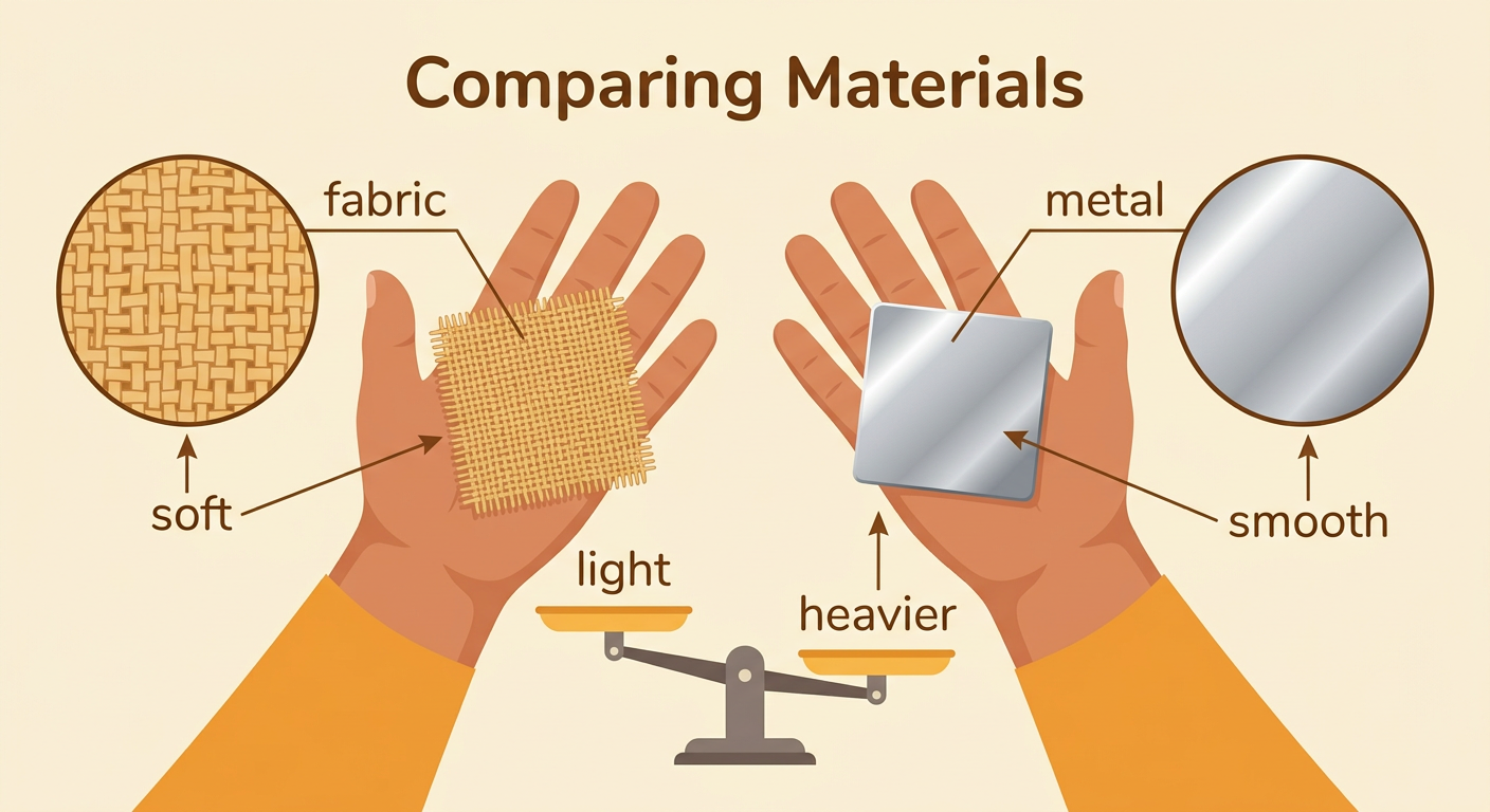 Two same-size samples of fabric and metal are compared by sight, touch, and weight.