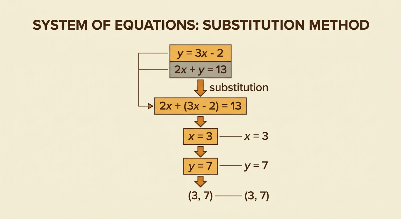 A worked substitution diagram shows y being replaced by 3x - 2 and the steps leading to (3, 7).
