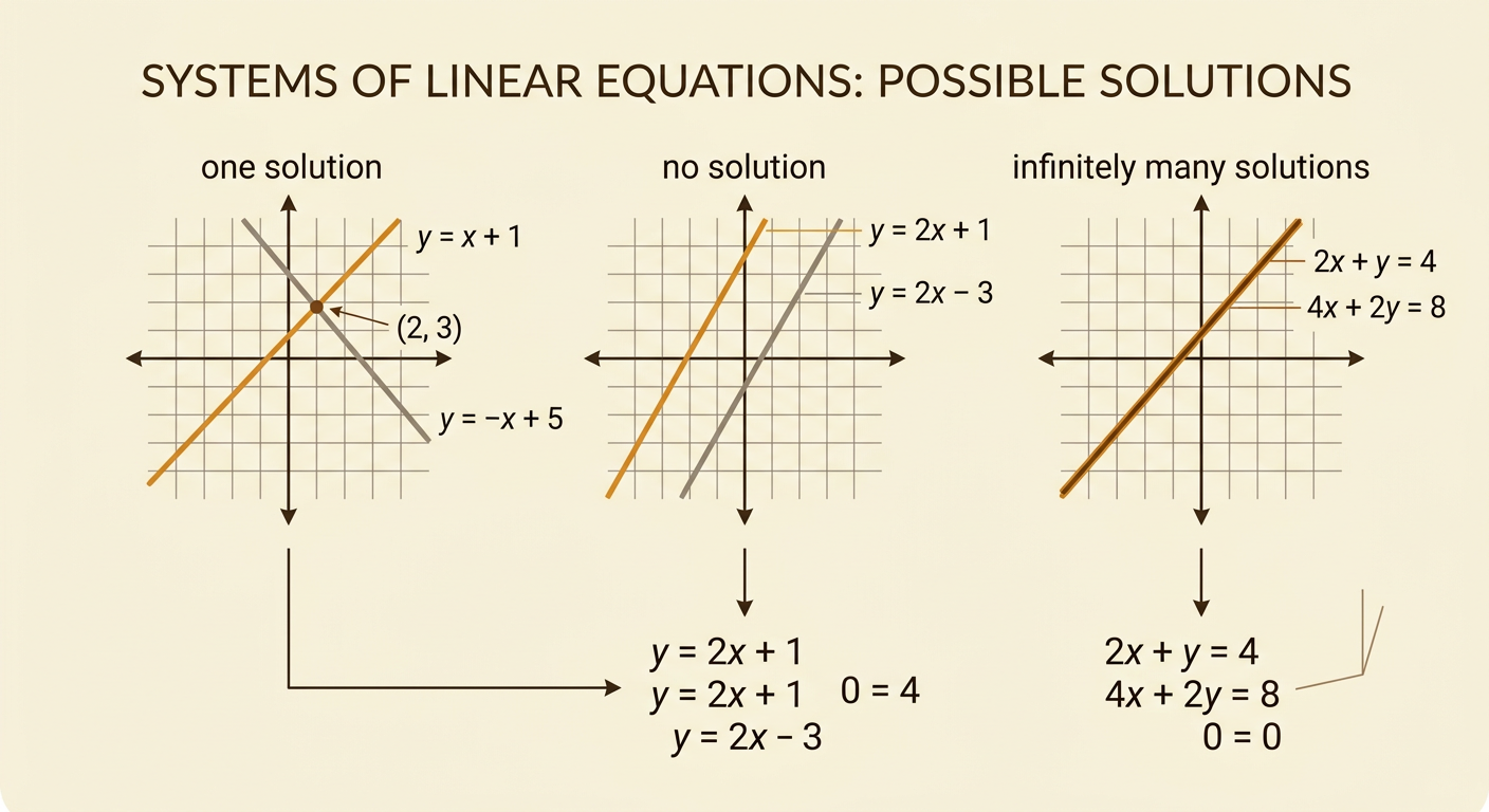 Three side-by-side coordinate planes show intersecting, parallel, and coincident lines with their solution types.