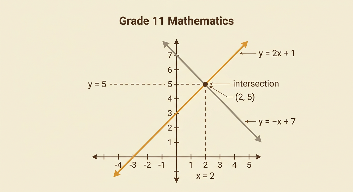 A coordinate plane shows two labeled lines crossing at the labeled intersection (2, 5).