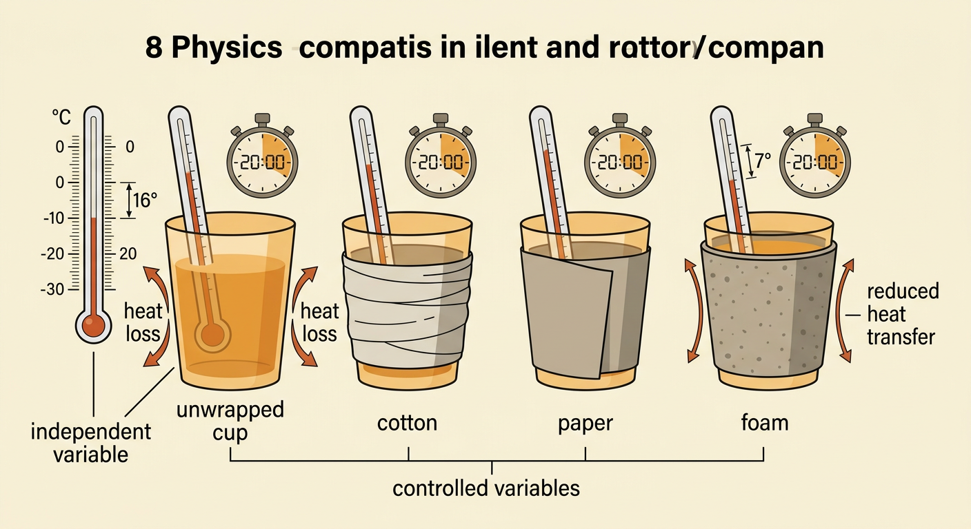 Identical foam-wrapped and unwrapped cups are tested with equal amounts of hot water and matching thermometers.