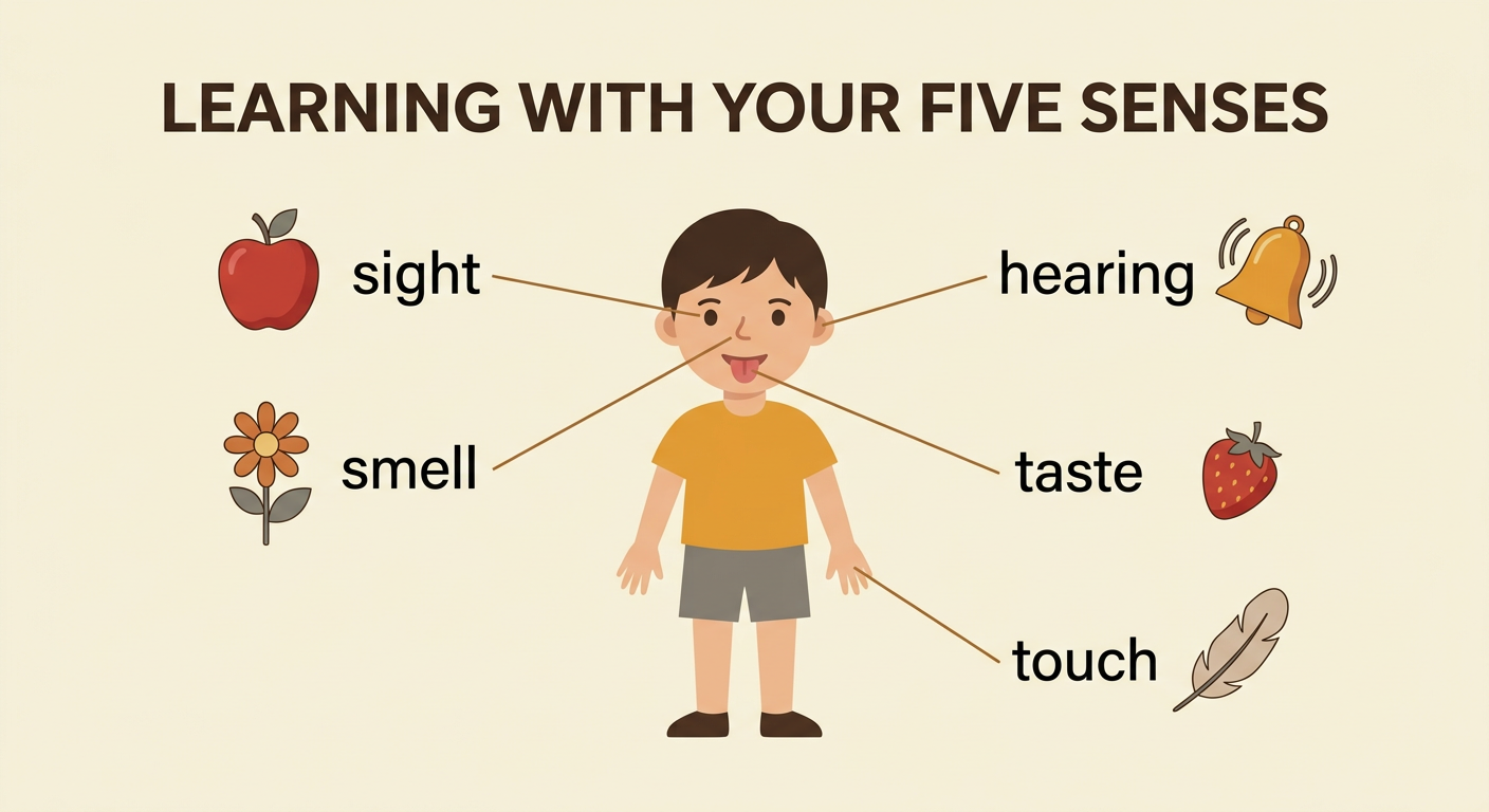 A child explores an apple with five simple sense symbols around it.