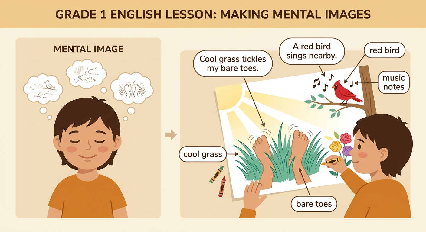 Two childlike drawings show grass tickling bare feet and a red bird singing with music notes.