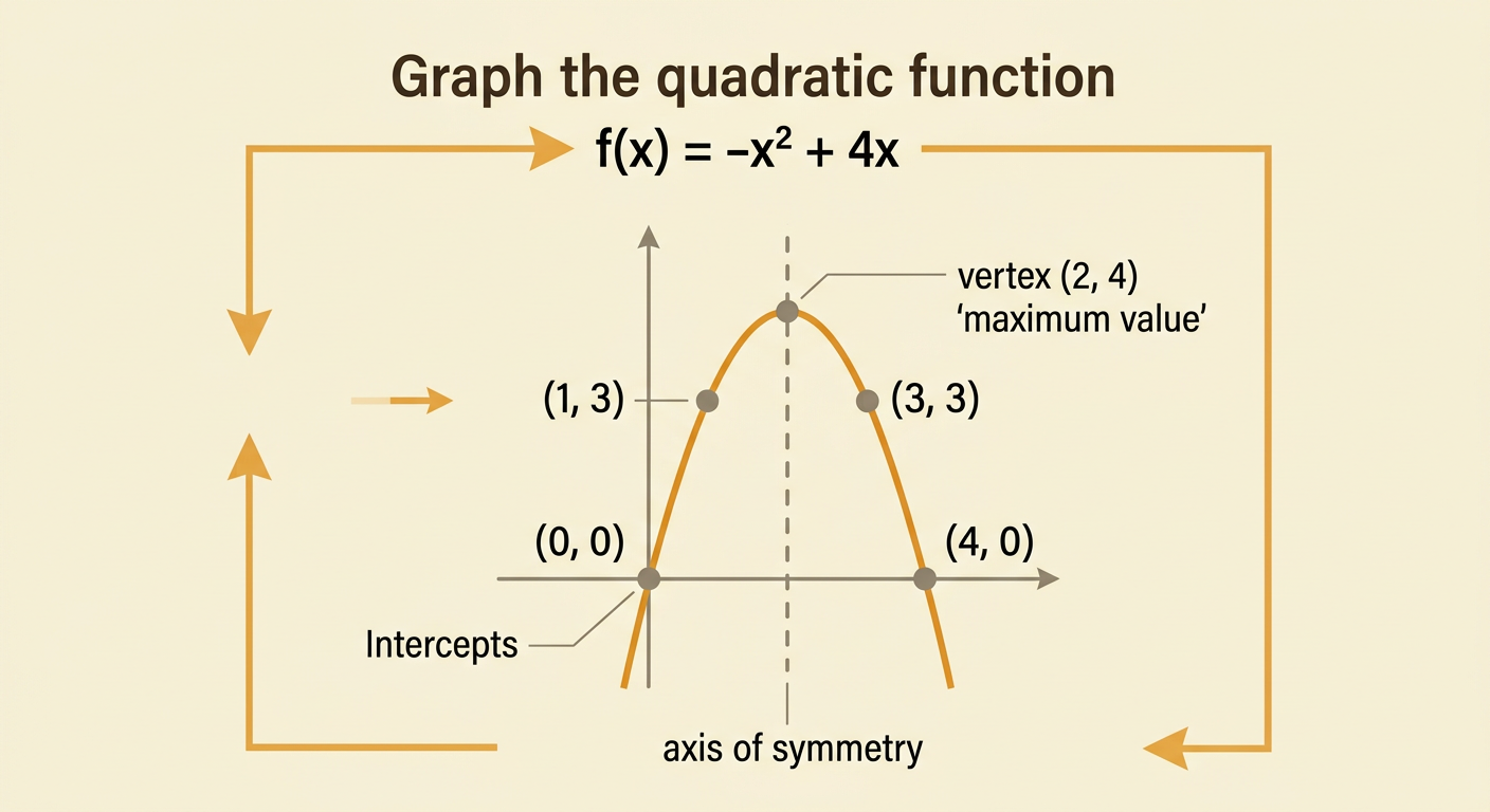 A downward-opening parabola is constructed from two intercepts, its vertex, a symmetry line, and matching points.