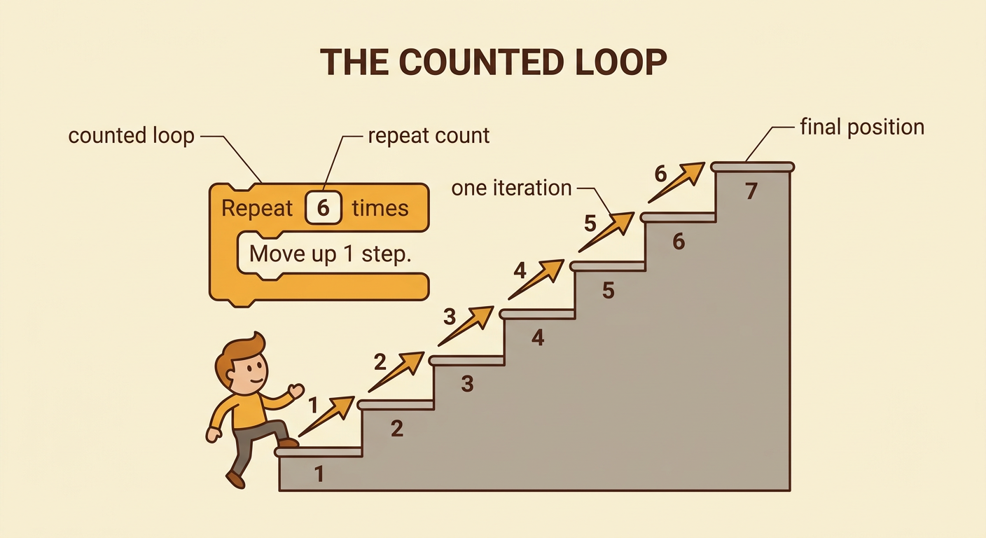 A character climbs a six-step staircase while a counted loop tracks one step per repetition.