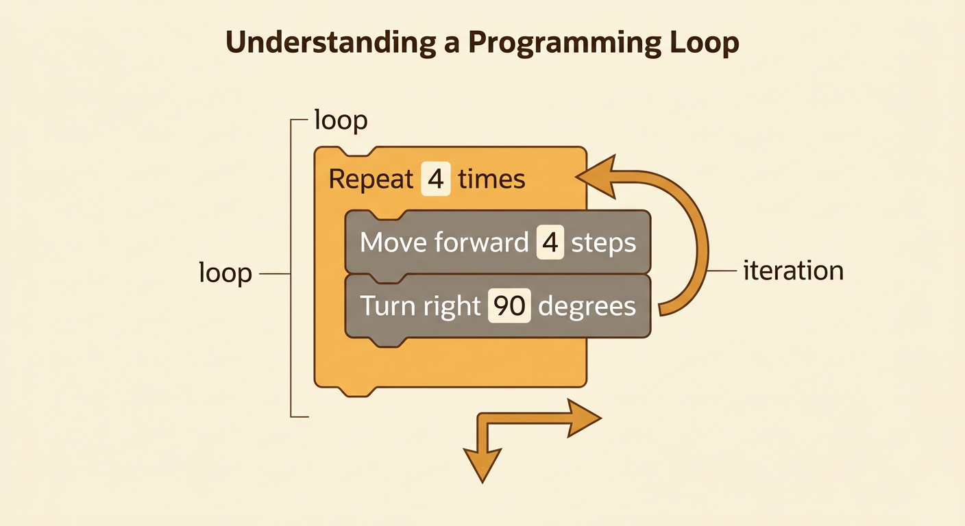 A compact square-drawing program shows two commands enclosed in a loop that repeats four times.