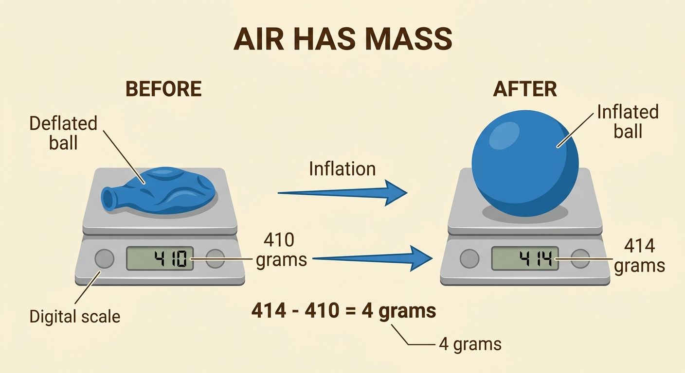 A digital scale shows a deflated ball at 410 grams and the same inflated ball at 414 grams.