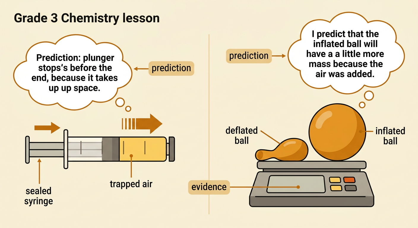 A sealed syringe with trapped air appears beside a deflated ball and an inflated ball ready for testing.