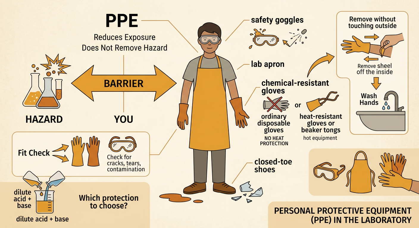 A properly dressed student prepares to mix a dilute acid and base while wearing task-appropriate protective equipment.