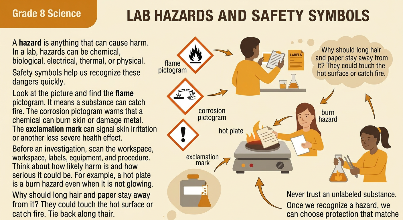 A student scans a lab bench containing a hot plate and three clearly marked hazard containers.