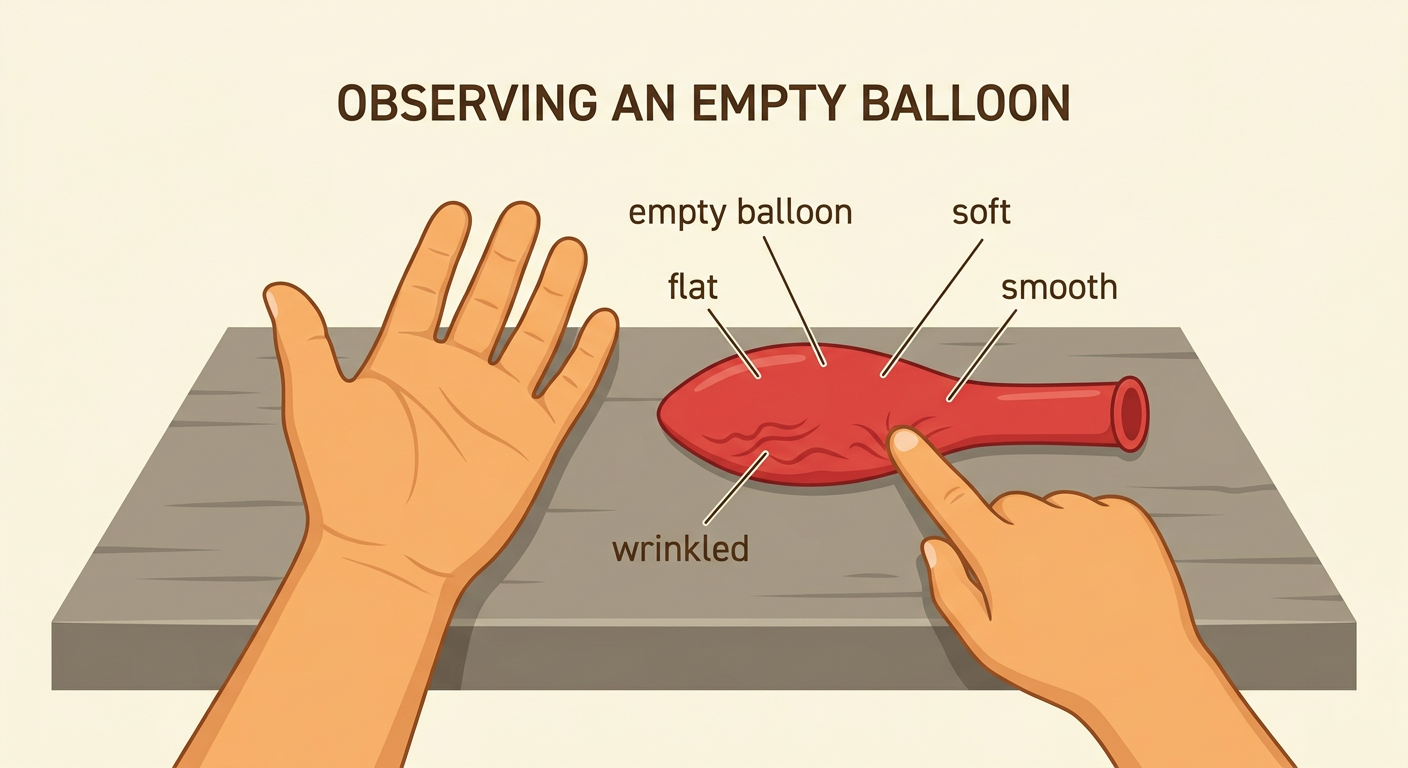 A small red empty balloon lies flat and wrinkled on a table beside a child’s hand.