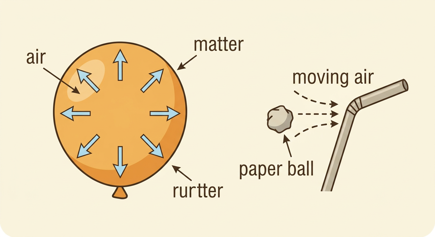 A round balloon holds invisible air that pushes outward on its rubber while moving air from a straw pushes a paper ball.
