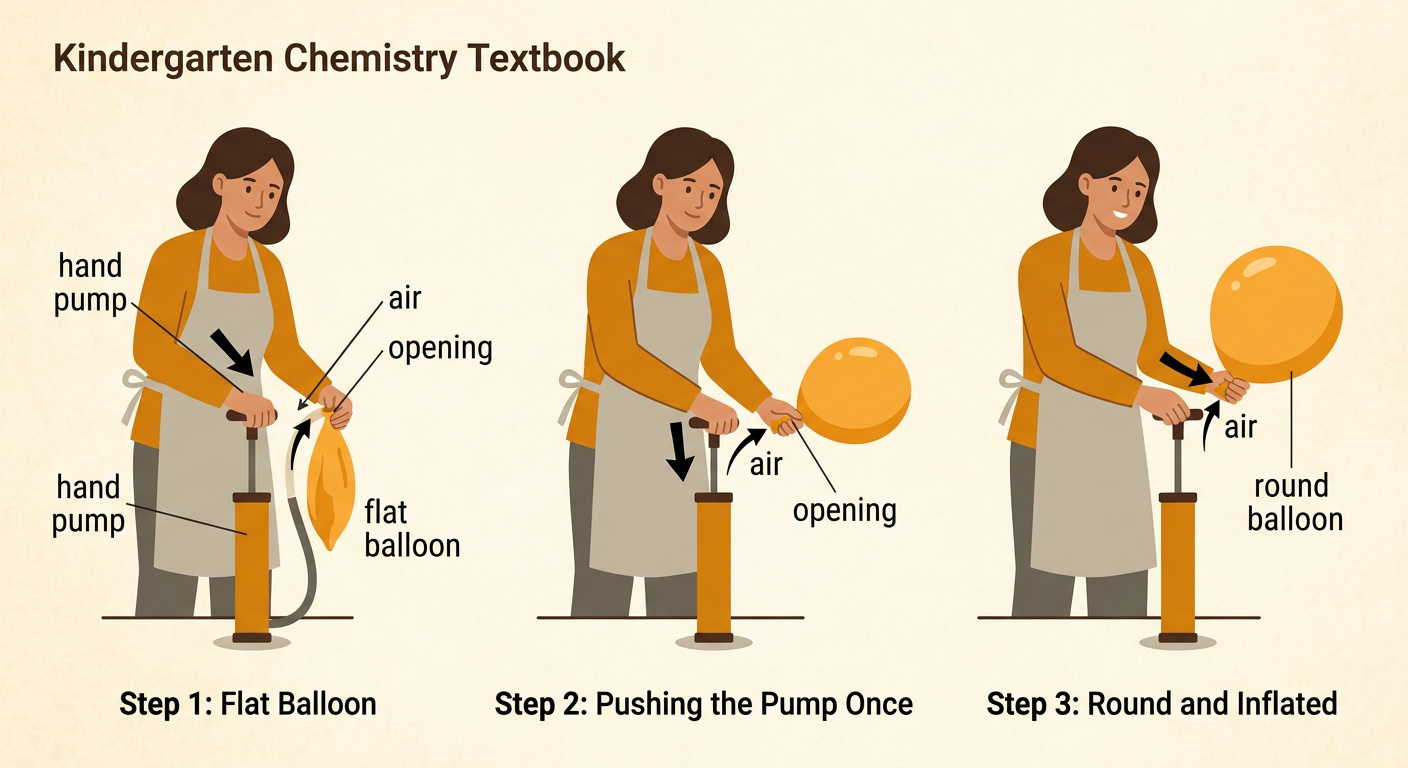 A teacher uses a hand pump to move air through the opening as a flat balloon stretches into a round balloon.