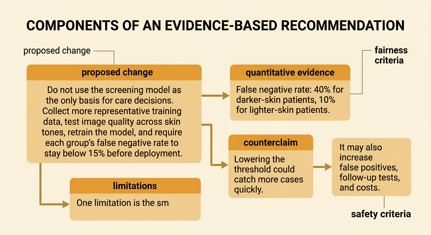 A recommendation card connects a proposed model change to numerical evidence, a counterclaim, limitations, and deployment criteria.