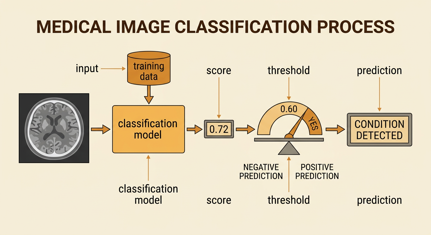 A medical image moves through a classifier that compares a score of 0.72 with a threshold of 0.60 and produces a positive prediction.