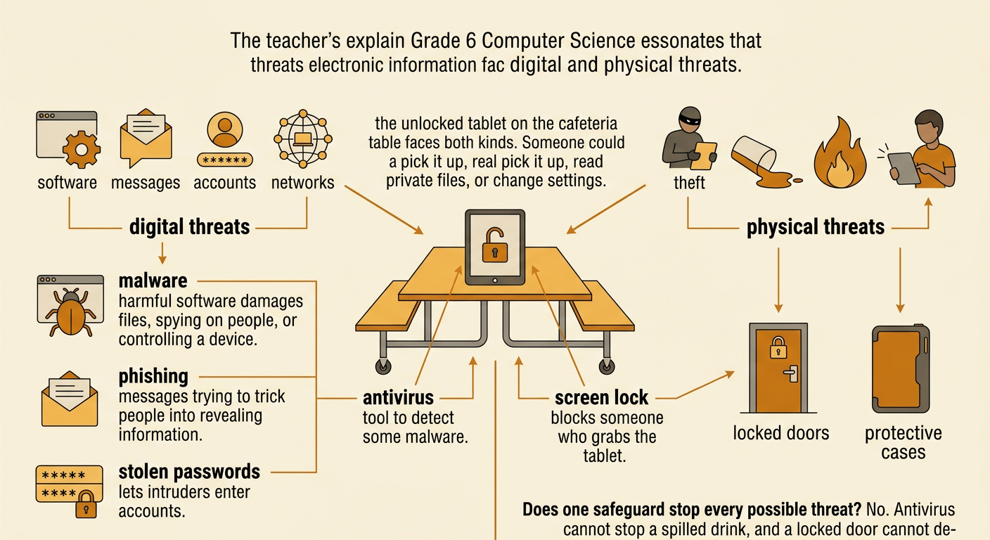 An unlocked tablet on a cafeteria table is surrounded by examples of digital and physical security threats.