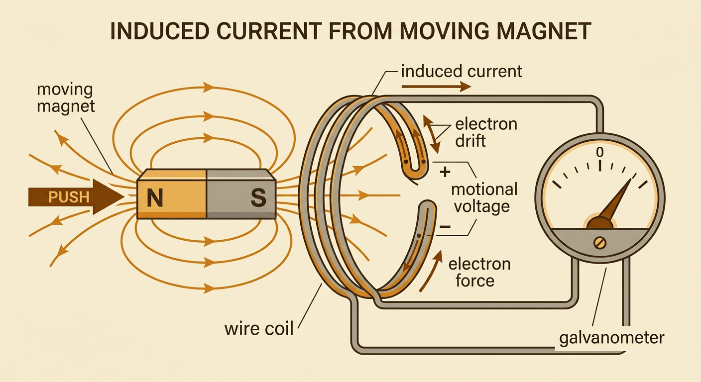 A bar magnet moves into a wire coil connected to a deflecting galvanometer.