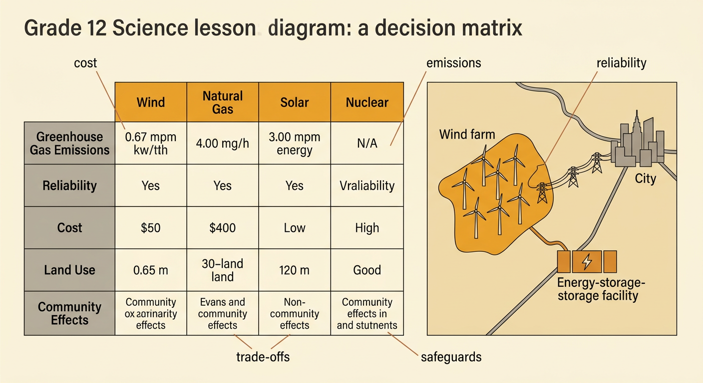 A wind-farm proposal is evaluated with a comparison display showing benefits, burdens, and possible protections.