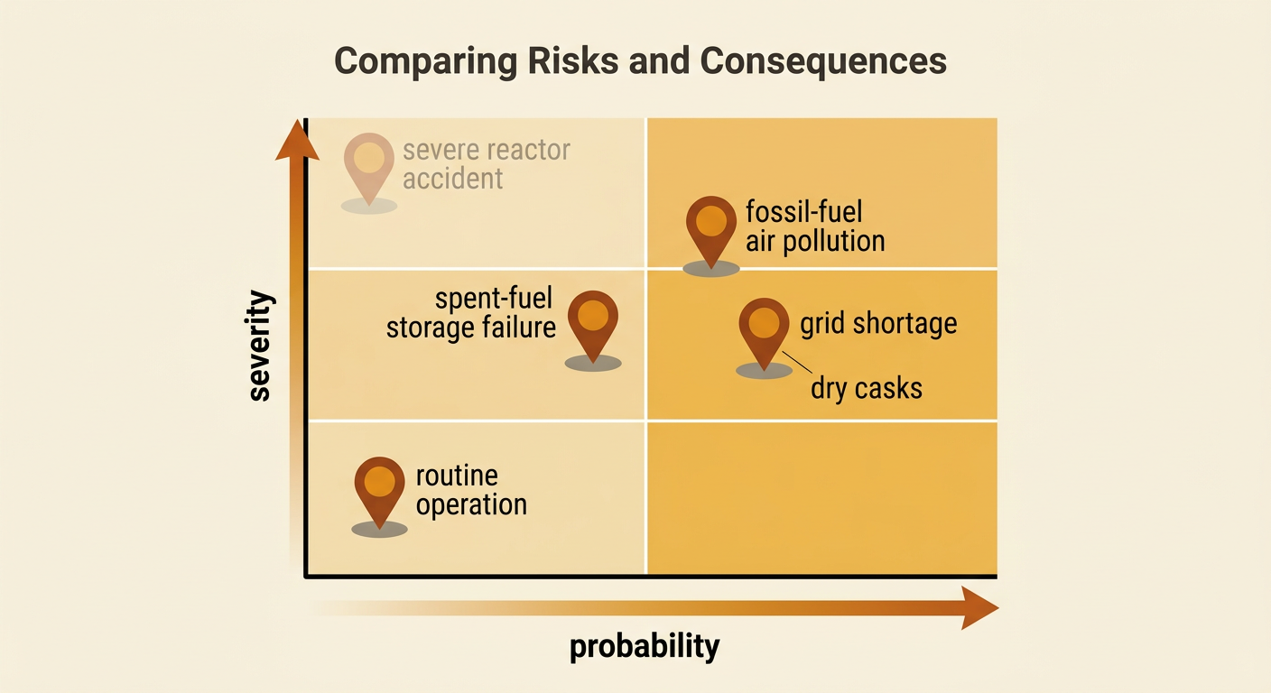 A risk diagram pairs accident probability and severity with spent-fuel storage and pollution from replacement fossil fuels.