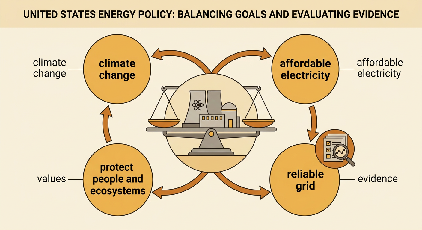A balanced energy-policy scale shows an existing nuclear plant and possible replacement sources surrounded by major policy goals.