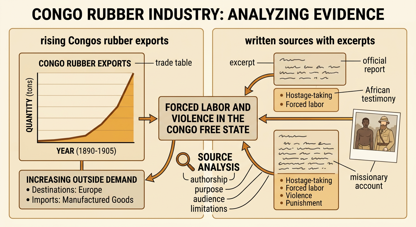 A historian's evidence table compares export numbers with testimony, photographs, and an official investigation.