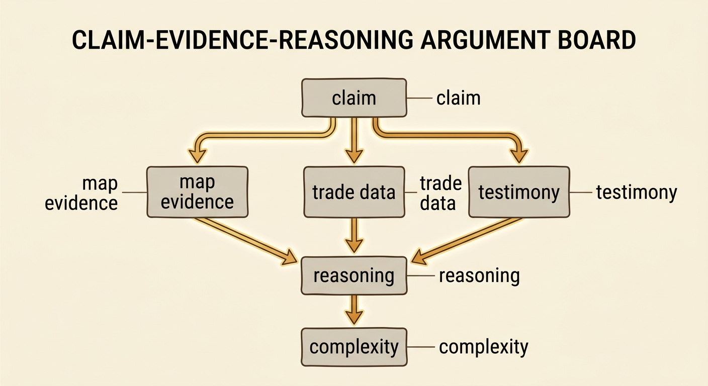 An argument board connects a historical claim to map evidence, trade data, testimony, reasoning, and complexity.