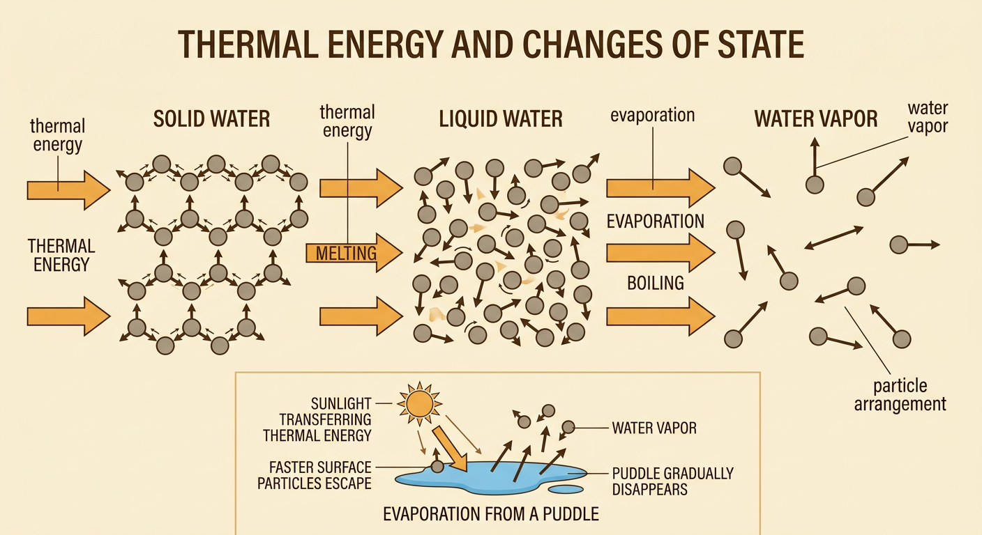 Sunlight heats a puddle while a particle sequence shows melting and evaporation as particles move faster and spread apart.