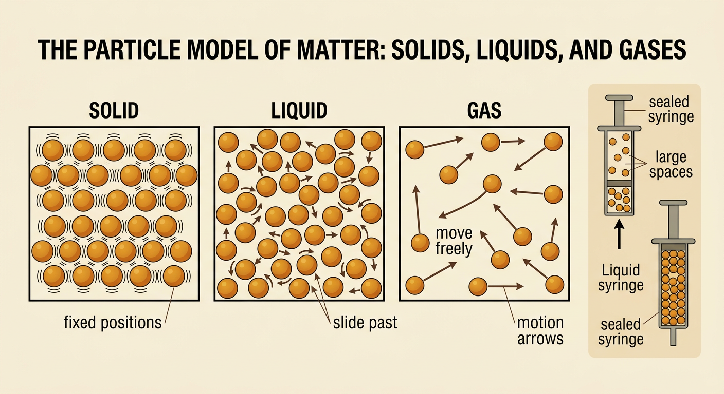 A particle model compares closely packed solid particles, sliding liquid particles, widely spaced gas particles, and compressed air in a sealed syringe.