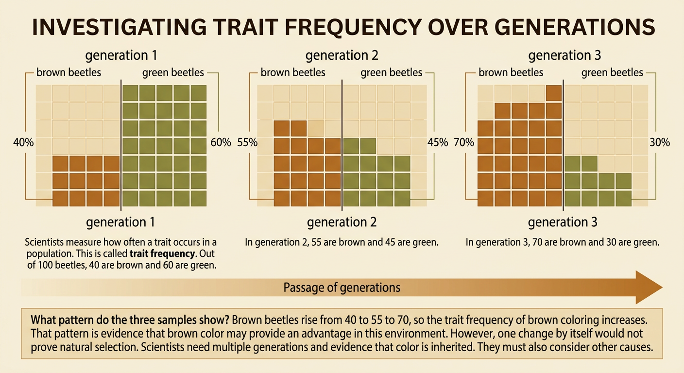 A three-generation chart shows brown beetles increasing from 40 to 55 to 70 while green beetles decrease.