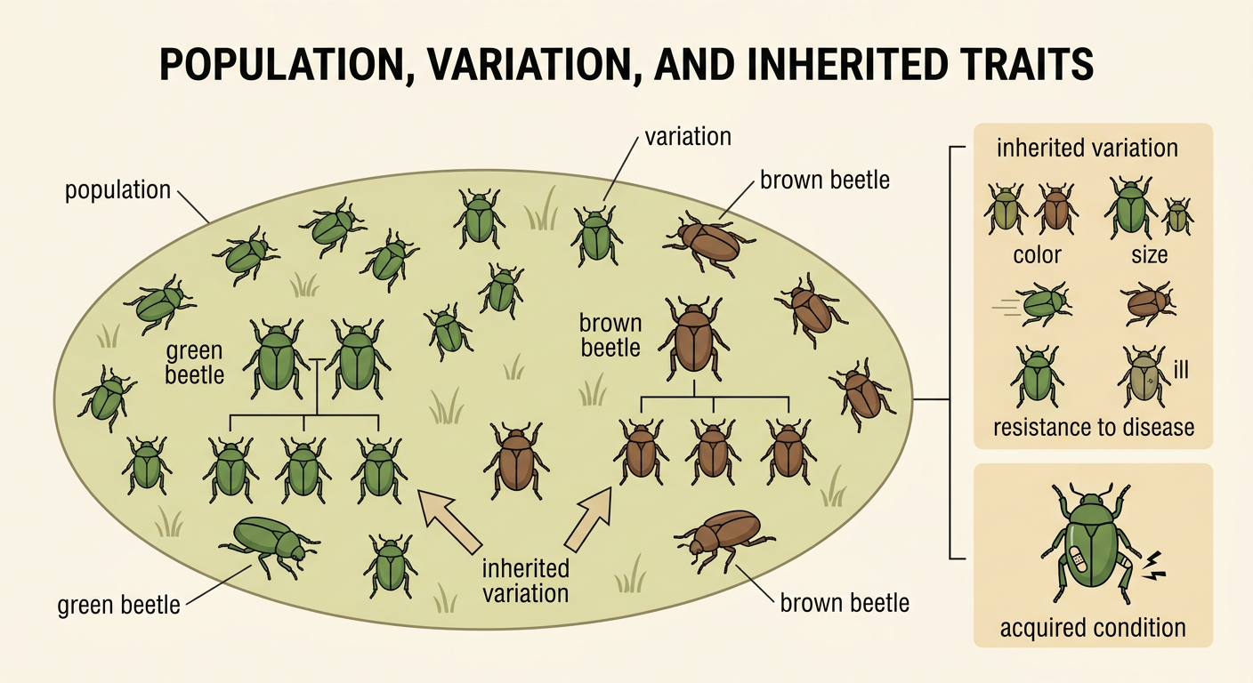 Green and brown beetles from one population stand together while one beetle has a bandaged broken leg.