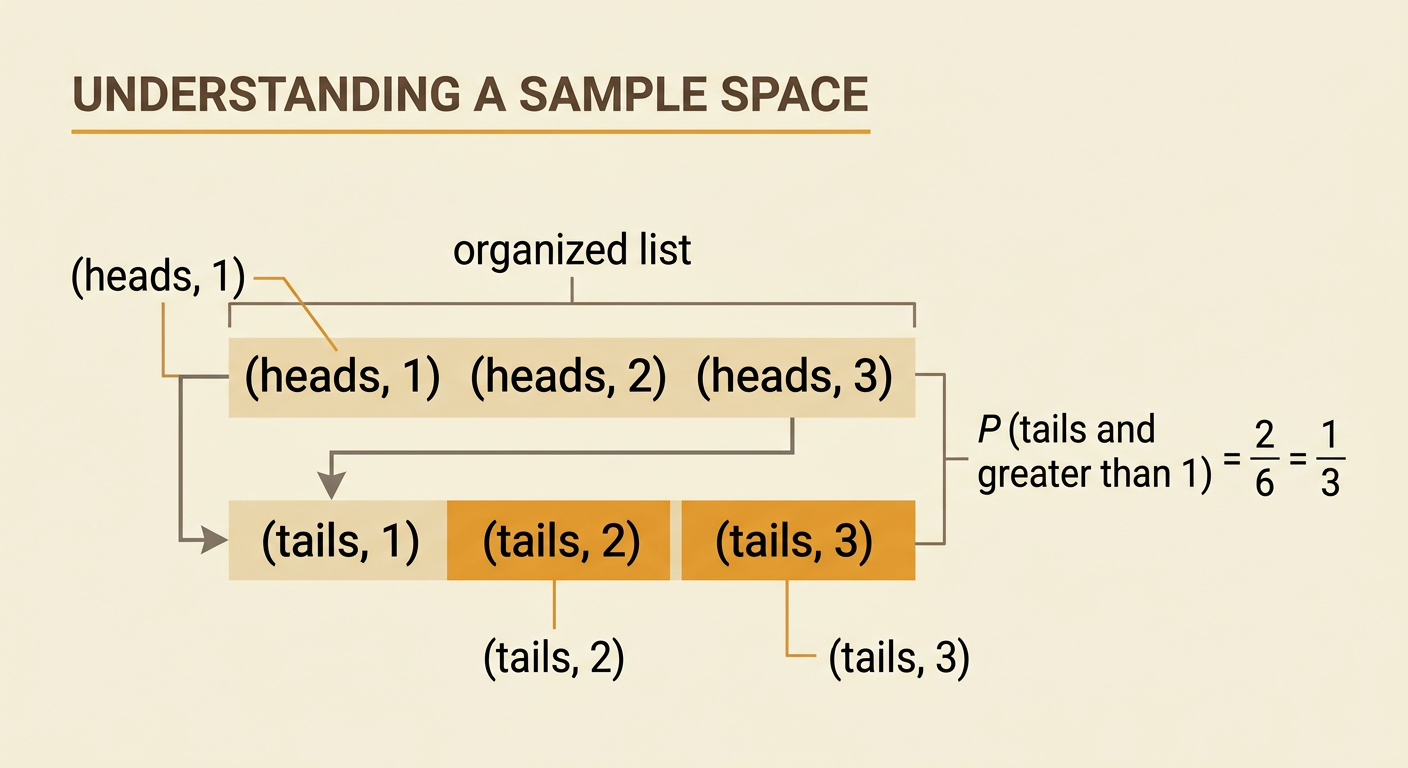 An organized list displays all six coin-and-spinner outcomes, with two favorable outcomes highlighted.