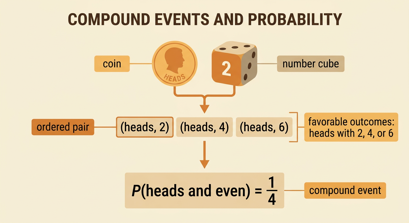 A coin and number cube lead to twelve ordered pairs, with the three heads-and-even outcomes highlighted.