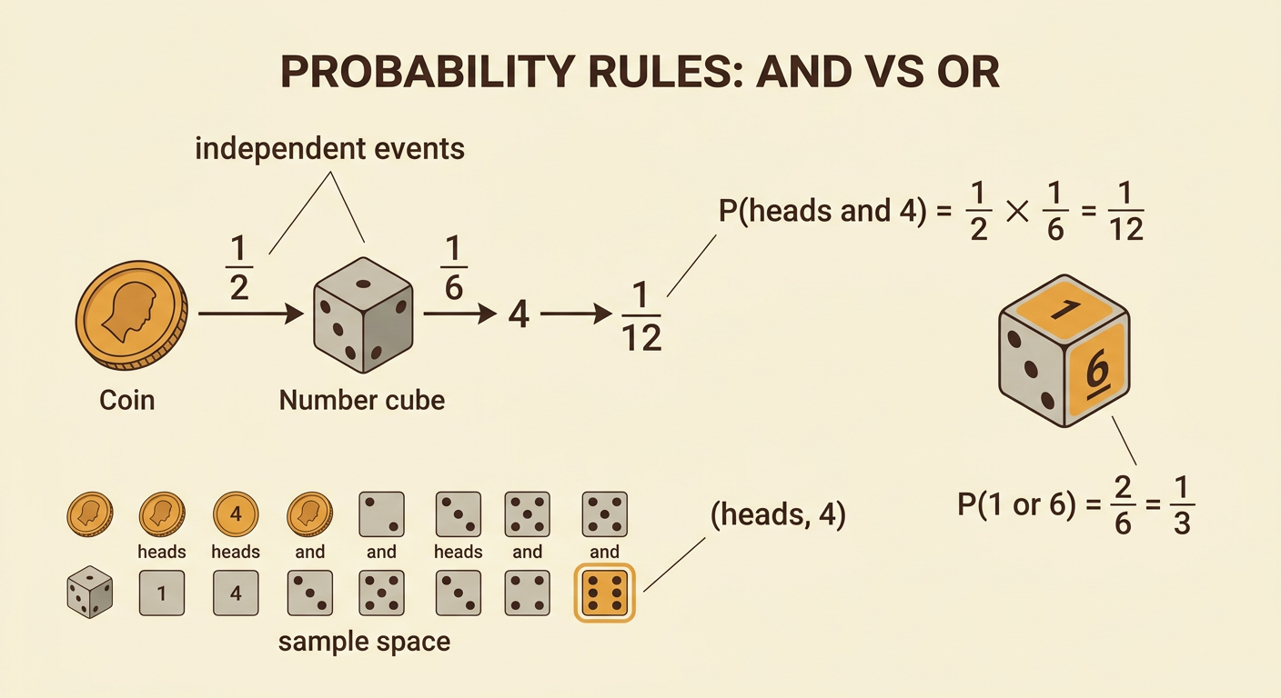 Two probability examples compare multiplying for an and event with counting choices for an or event.